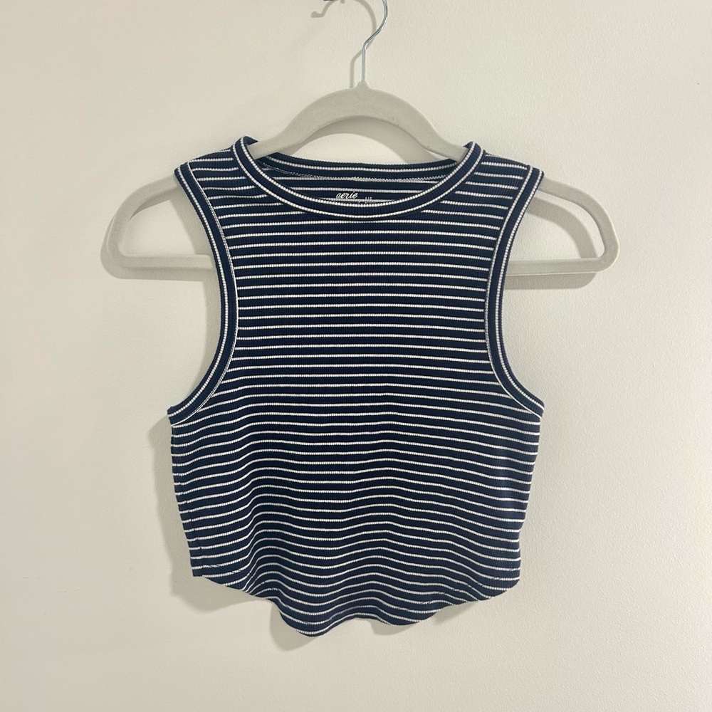 Aerie Blue and White Fitted Crop Tank Top